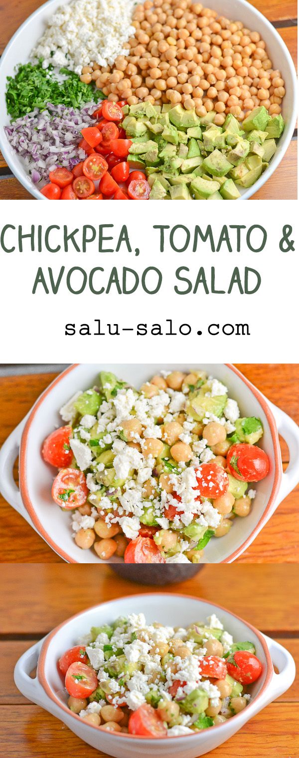 chickpea, tomato and avocado salad is shown in two different bowls