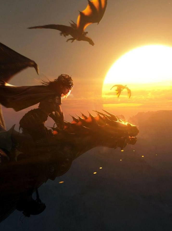 a man riding on the back of a dragon next to a woman in front of a sunset