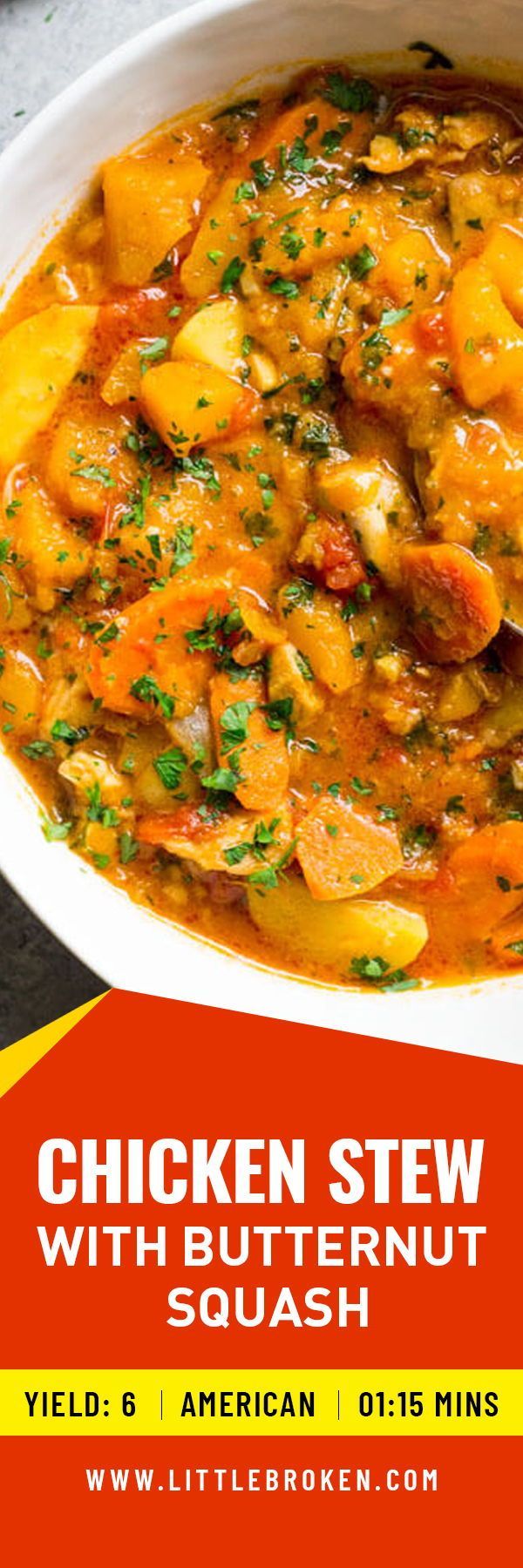 chicken stew with butternut squash in a white bowl on a red and yellow background