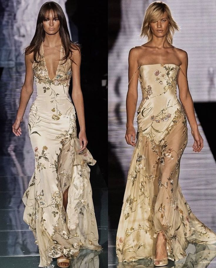 Elie Saab Spring 2003, Fairytale Theme Prom, Fancy Spring Dresses, Spring Themed Outfits, Fancy Elegant Dresses, 90s Runway Fashion Dresses, Elie Saab 2003, Catwalk Outfits, Long Dress Runway