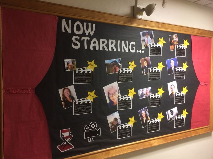 a bulletin board with pictures on it that says now starting and then the stars are cut out