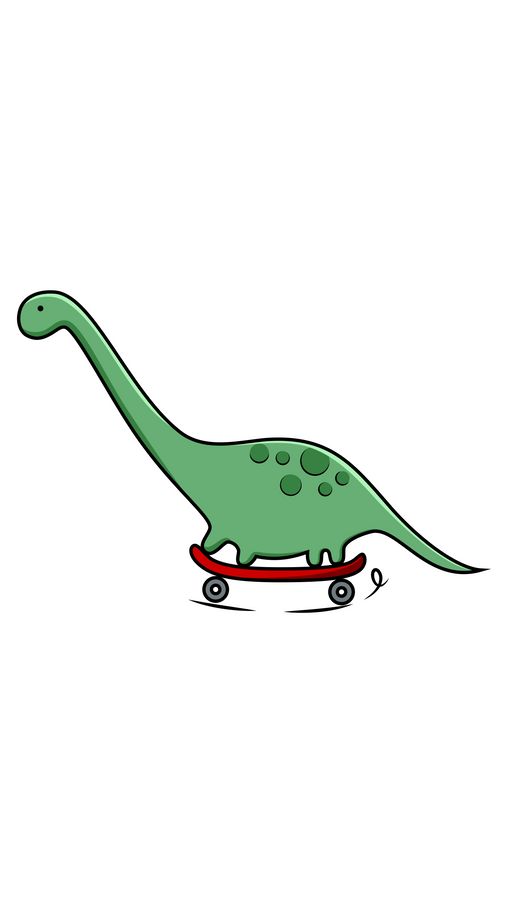 a cartoon dinosaur riding on a skateboard