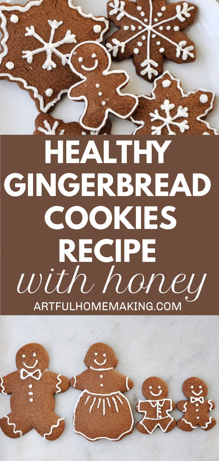 healthy gingerbread cookies recipe with honey on a plate and in the background is an image of