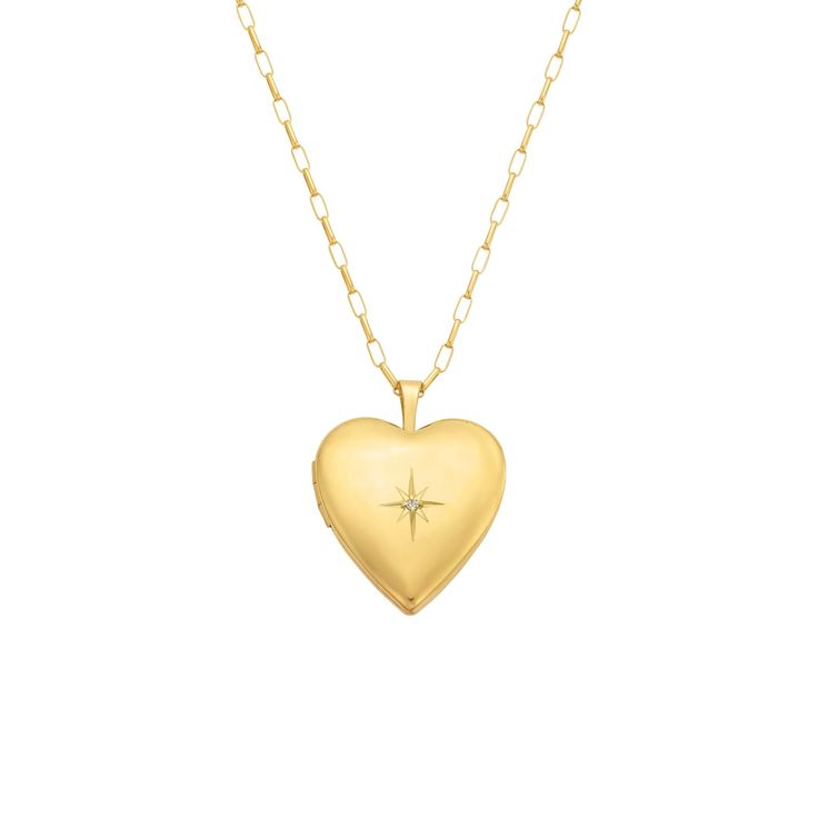 -14kt gold filled paper clip chain - 18'' length -14kt gold filled heart locket with tiny 1mm simulated diamond set in the center  A lovely bold heart locket that is functional . The heart locket opens and you can easily place 2 photographs inside the locket (one on either side). To extend the life of your gold plated and vermeil jewelry, avoid wearing when washing hands, showering, applying lotion, using harsh cleaning supplies or working out. To clean, buff gently with a soft and dry 100% cott Golden Locket, Elegant Gold Heart Locket Necklace, Classic Gold Heart Locket Necklace, Gold Heart Pendant Locket Necklace Collectible, Yellow Gold Plated Heart Locket Necklace, Heart-shaped Gold Locket Necklace, Locket Tattoos, Wedding Locket, Gold Heart Locket