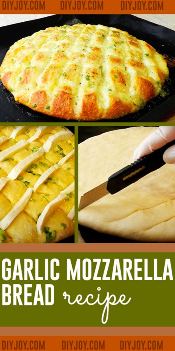 garlic mozzarella bread recipe collage with instructions for making it in the oven