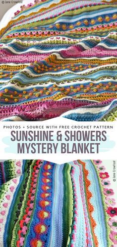 a crocheted blanket with the words sunshine and showers mystery blanket written in white