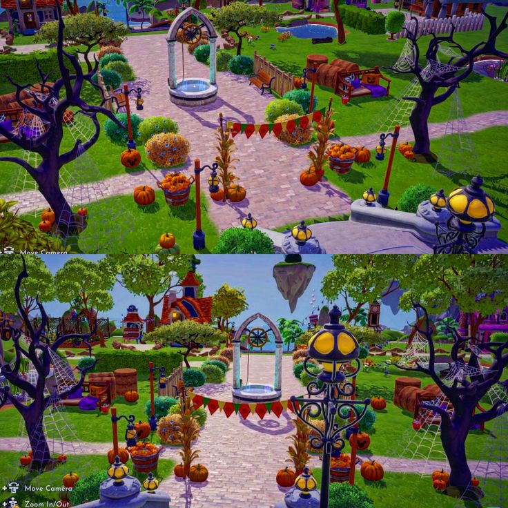 the garden is decorated with pumpkins and other decorations