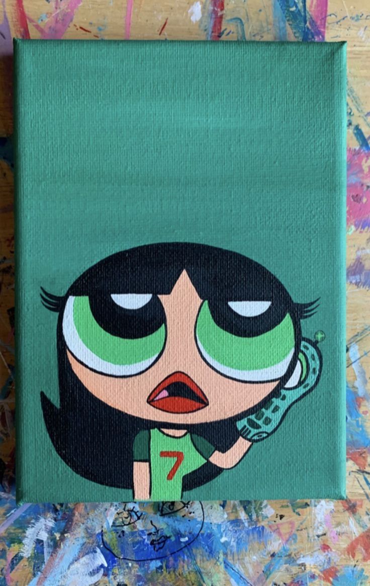 a painting of a girl talking on a cell phone