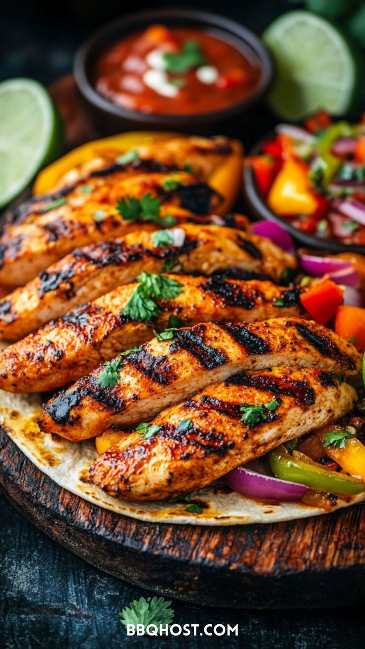 grilled chicken and vegetables on a wooden platter