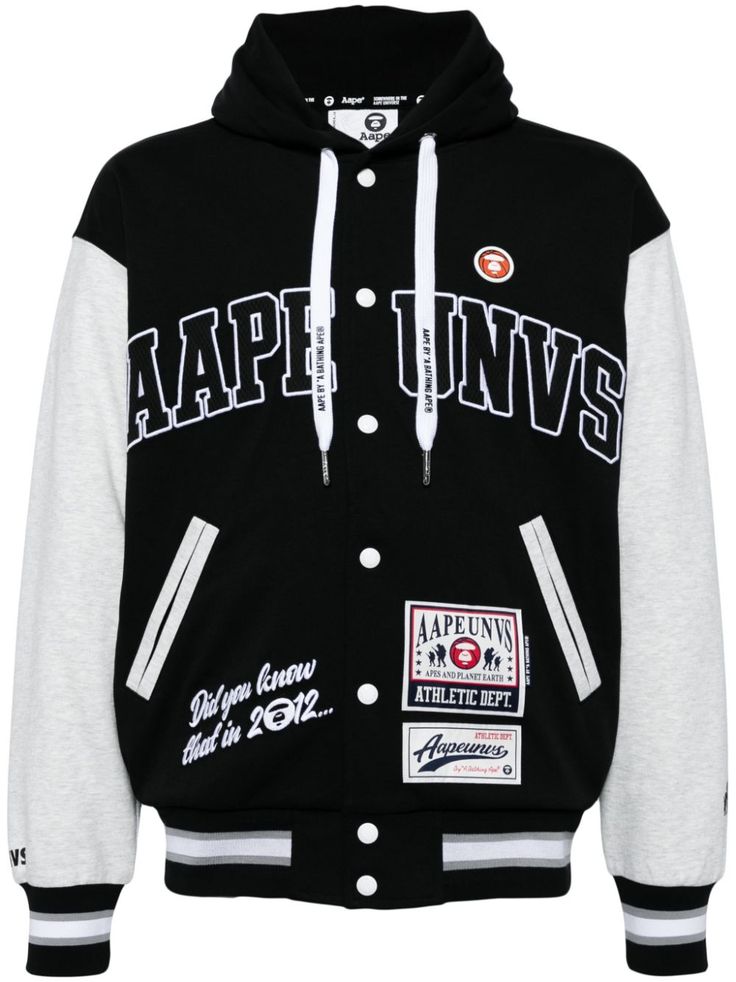 black/white appliqué logo logo patch to the front embroidered slogan logo waistband striped border drawstring hood drop shoulder long sleeves front press-stud fastening elasticated cuffs elasticated hem Bathing Ape, A Bathing Ape, Mens Activewear, Drop Shoulder, Patch Logo, Bomber Jacket, Active Wear, Long Sleeves, Black White