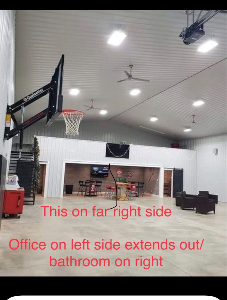 an indoor basketball court with the words, this on far right side office on left side extends out / bathroom on right