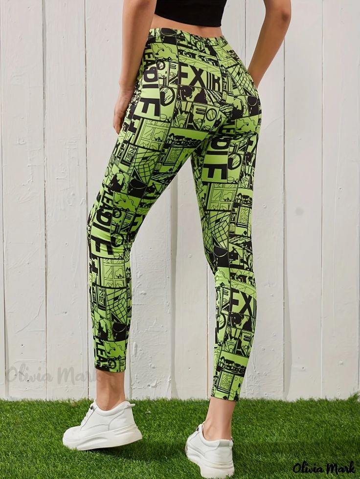 Olivia Mark - Cartoon Print High Waist Leggings, Casual Skinny Stretchy Leggings, Women's Clothing Tight Green Casual Pants, Casual Tight Green Pants, Trendy Non-stretch Green Leggings, Green Sporty Bottoms With Letter Print, Spring Stretch Bottoms With Letter Print, Sporty Green Bottoms With Letter Print, Casual Bottoms With Letter Print For Yoga, Trendy Tight Green Bottoms, Tight Green Bottoms For Spring