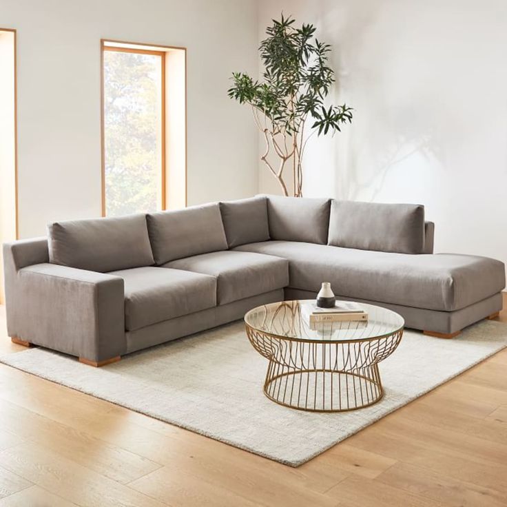 a living room with a large sectional couch and coffee table in the corner, along with a potted plant