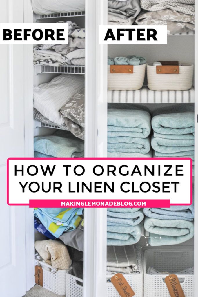 an organized closet with linens and baskets in it, before and after being cleaned