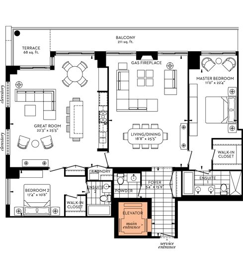 the floor plan for an apartment with two bedroom, one bathroom and another living room