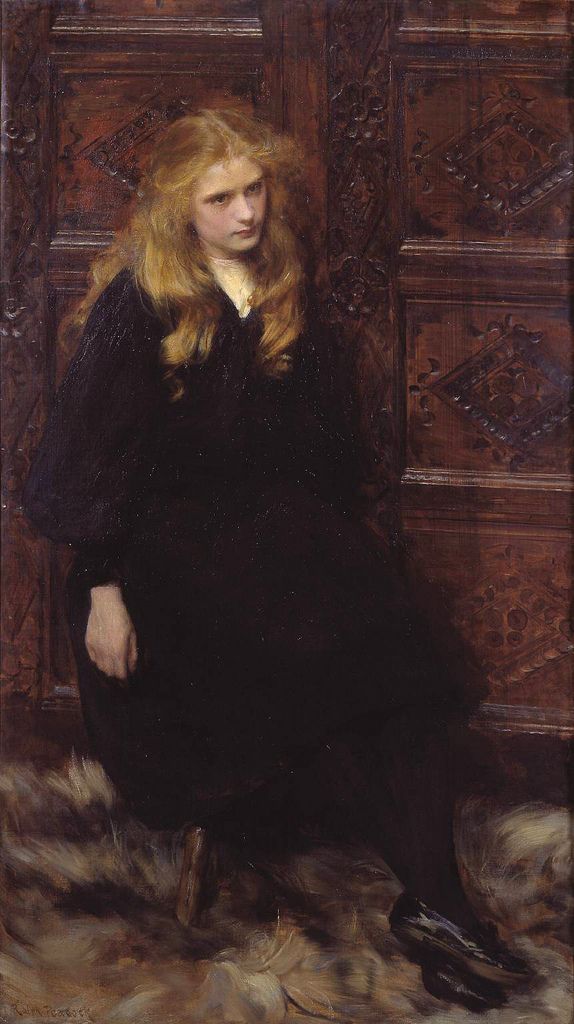 a painting of a woman sitting in front of a wooden paneled door with long blonde hair