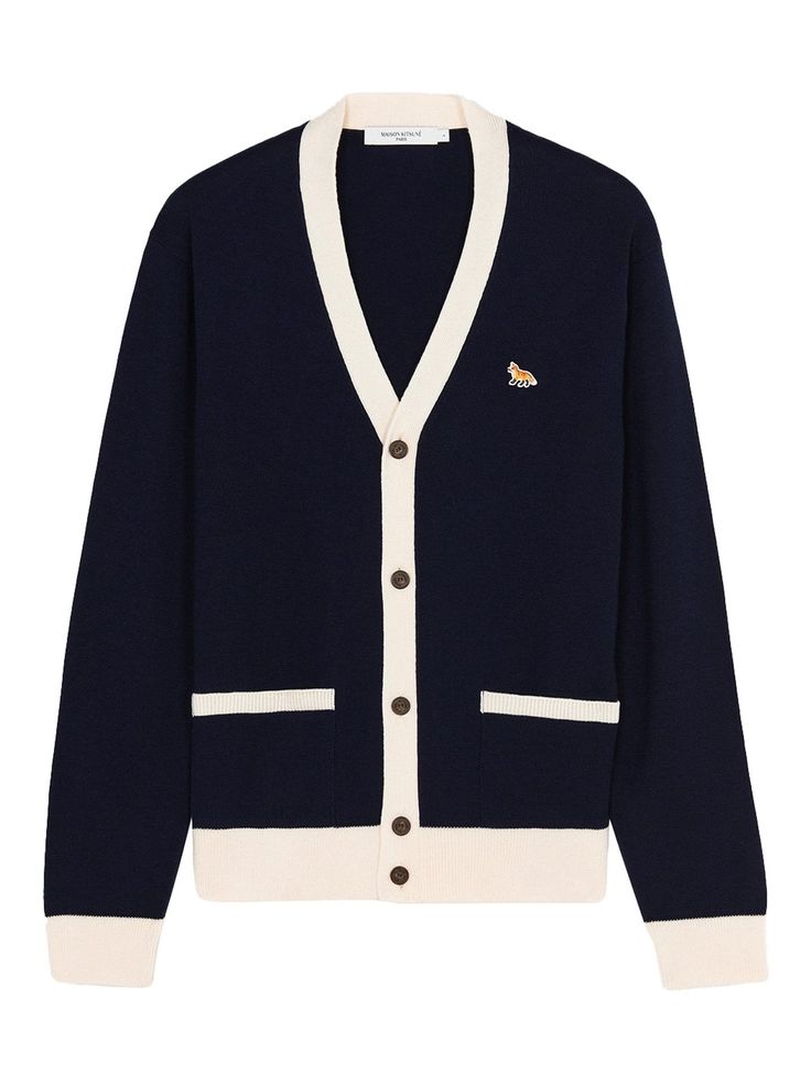 Maison Kitsune Unisex Baby Fox Patch Bi-Color Classic Cardigan Navy HU00542KT1036 P480. Cardigan Collection, Italian Chic, Fall Winter Fashion Trends, Rose Clothing, Classic Cardigan, Warm Sweater, Baby Fox, Beige Cardigan, Blue Cardigan