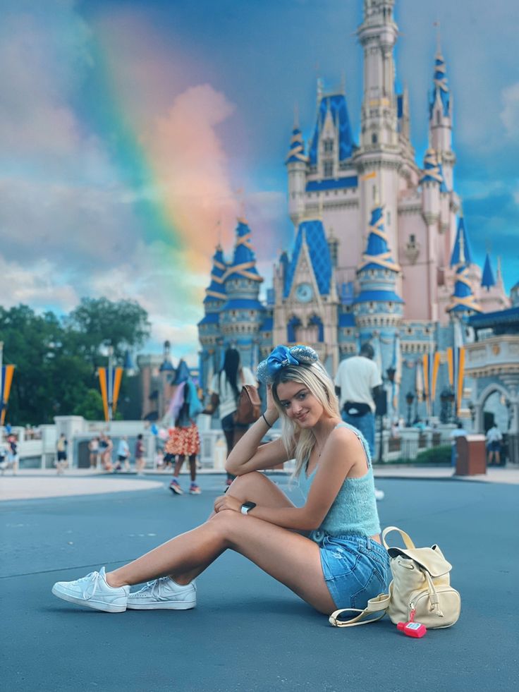 a woman sitting on the ground in front of a castle with a rainbow behind her