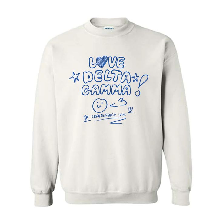 a white sweatshirt with the words love delta and an image of a smiley face on it