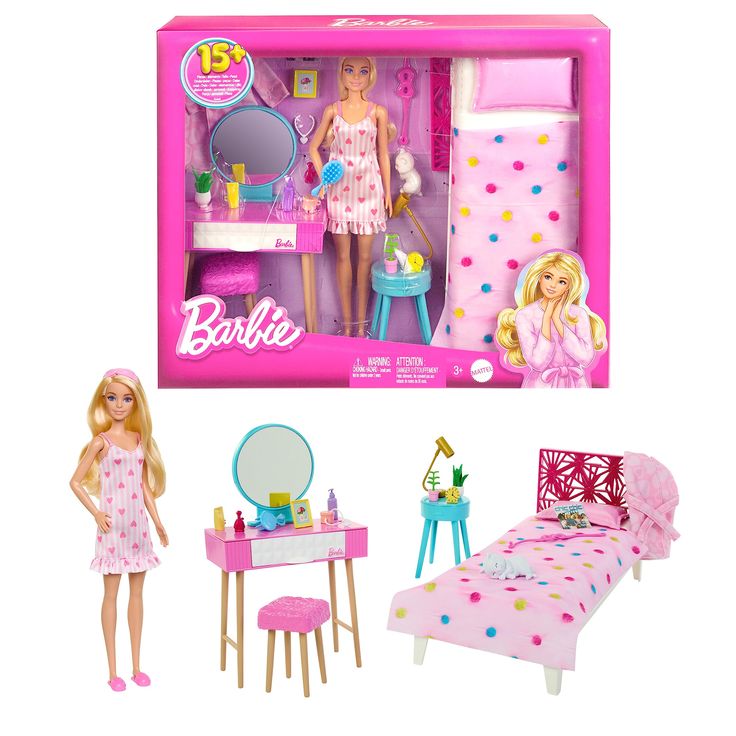 a barbie doll is standing in front of a pink bedroom with her bed and dressing table