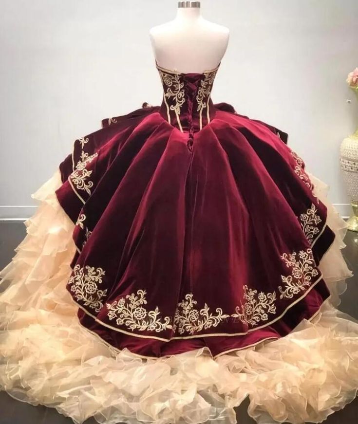 Red Charro Quinceanera Dress, Big Prom Dresses, Burgundy Ball Gown, Quinceanera Dresses Mexican, Cheap Floor, Dress With Applique, Mexican Quinceanera, Mexican Quinceanera Dresses, Long Ball Gown