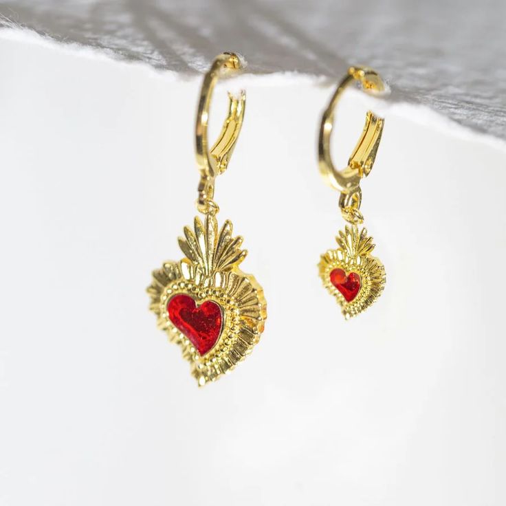 Mismatched Sacred Heart Earrings • Huggie • Fortune & Frame Unique Gold Earrings, Earrings To Make, Earring Hoop, Arrow Earrings, Huggie Earring, Divine Love, Mini Earrings, Mini Studs, Sacred Symbols