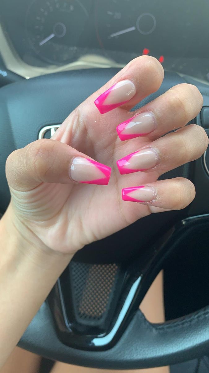 Hot Pink V Tip Nails, Pink V Nails, Pink V Tip Nails, Mail Inspo Pink, Nails For Hot Pink Dress, Prom Nails For Pink Dress, Pink Nail Inspi, Hot Pink Tip Nails, Pink Prom Nails Acrylic