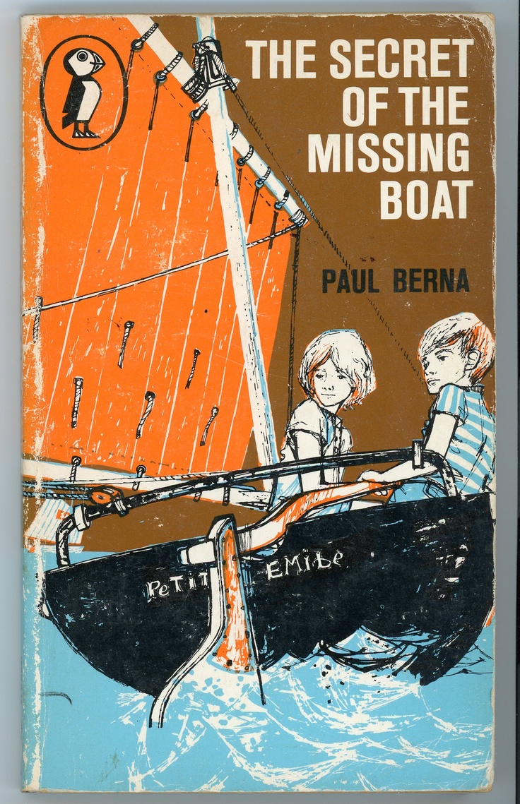 the secret of the missing boat by paul berna, with an orange background and blue cover