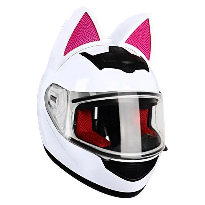 a white helmet with pink ears on it