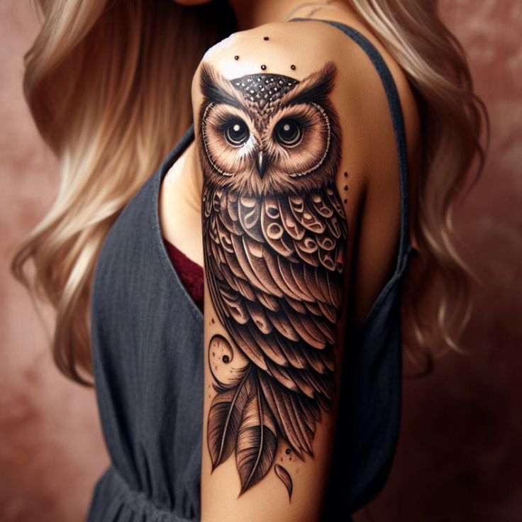 a woman with an owl tattoo on her arm