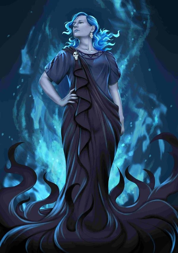 a woman with blue hair standing in front of a dark background, wearing a flowing dress