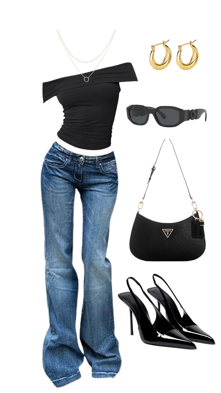 An outfit featuring a black asymmetrical top, flared jeans, black heels, a black Guess handbag, gold hoop earrings, layered necklaces, and stylish sunglasses. Flared Jeans With Heels, Elegant Outfit Classy Rich Summer, Asymmetrical Top Outfit Classy, Black Flared Jeans Outfit, Outfits With Flare Jeans, Rich Girl Summer, Tita Fits, Asymmetrical Top Outfit, Outfit With Flare Jeans