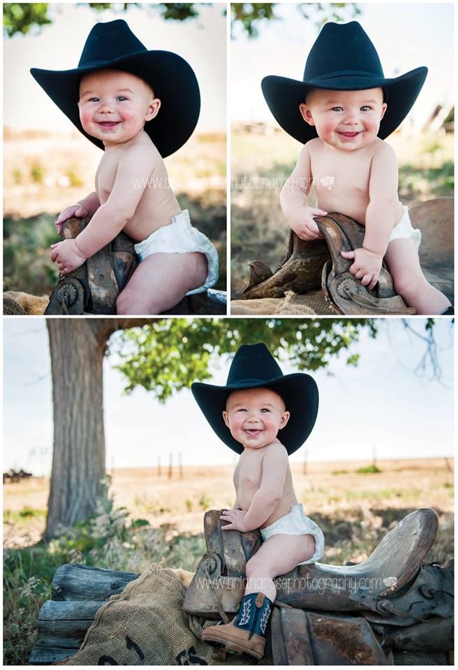 a baby wearing a cowboy hat and sitting on a tree stump in the middle of four pictures