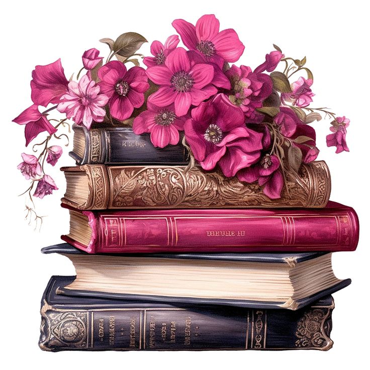 a stack of books with pink flowers on top