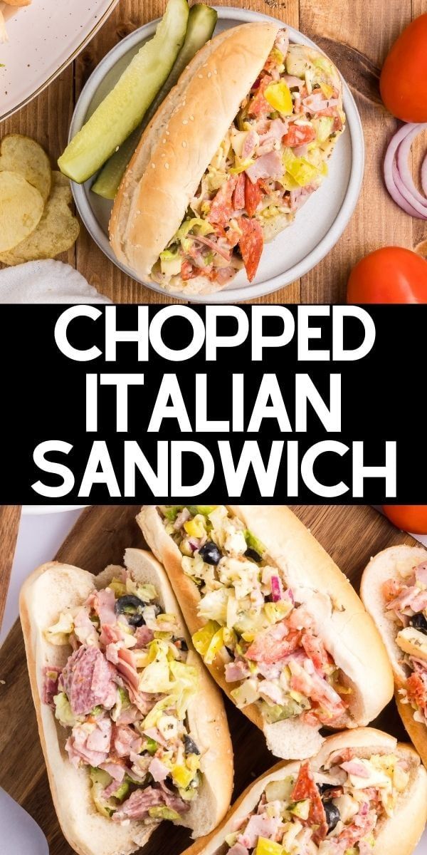 two plates with sandwiches on them and the words chopped italian sandwich in front of them