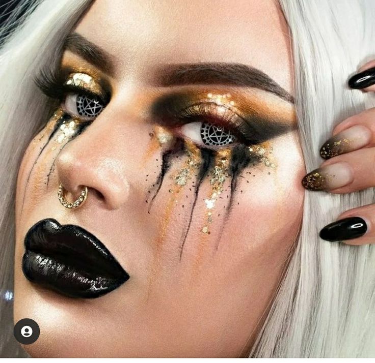 Golden Halloween Makeup, Gothic Fantasy Makeup, Black And Gold Skeleton Makeup, Gold And Black Makeup Looks Full Face, Black And Gold Witch Costume, Fantasy Witch Makeup, Black And Gold Halloween Makeup, Wizard Makeup Men, Gold Witch Makeup