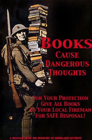 an old book cover with a soldier carrying books on his back and the title reads books cause dangerous thoughts for your protection give all books to