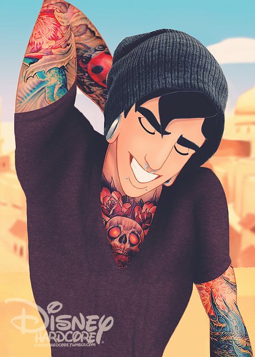 a cartoon character with tattoos on his arm and arms, smiling at the camera while wearing a beanie