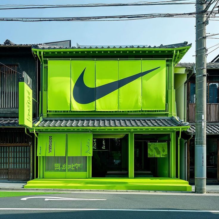 a neon green building with a nike logo on it