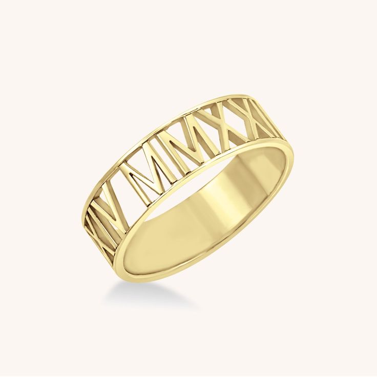 Roman Numeral Year Ring - monya_ Timeless 14k Gold Stackable Rings As Gift, Yellow Gold Heirloom Promise Ring Engraved, Yellow Gold Heirloom Promise Ring, Heirloom Engraved Yellow Gold Promise Ring, Timeless Stackable Rings As Gift, Elegant Polished Initial Ring For Promise, Elegant Initial Ring With Polished Finish For Promise, Timeless Gold Initial Ring For Anniversary, 14k Gold Initial Ring For Anniversary