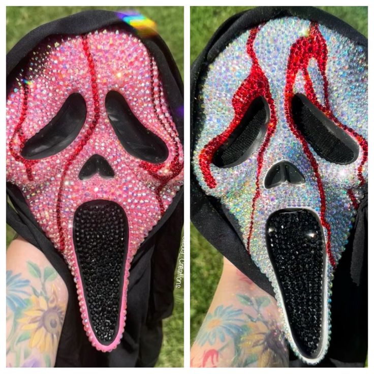 two masks with different designs on them, one is pink and the other is black