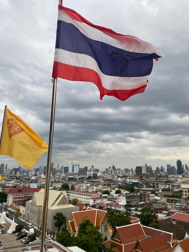 two flags flying in the wind on top of a building with a city skyline in the background