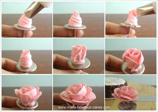 there are many images of pink icing being made