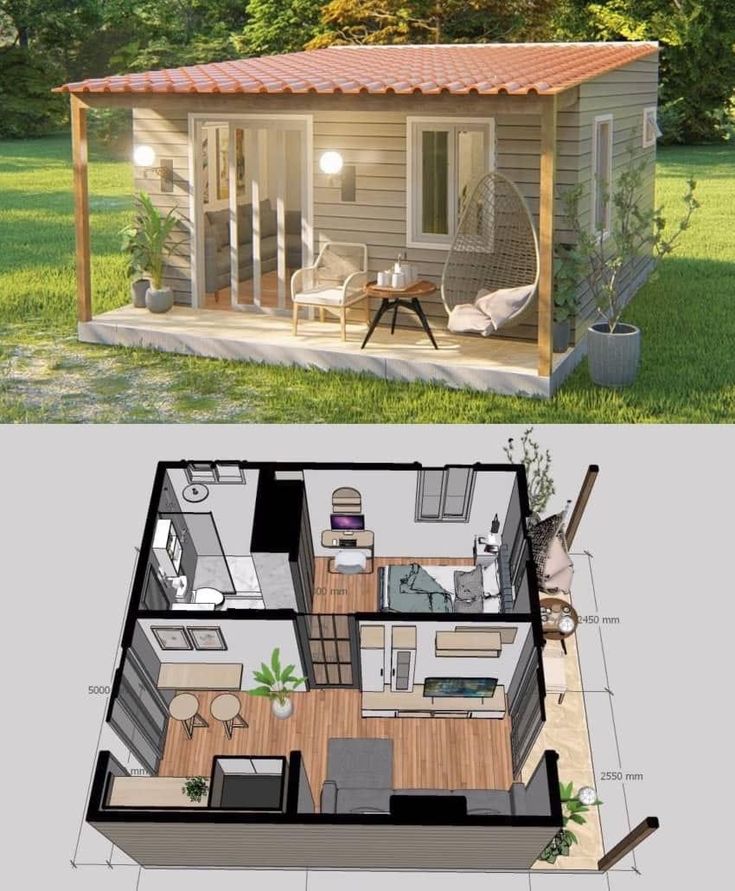 a small house is shown with the floor plan and measurements for it to be built