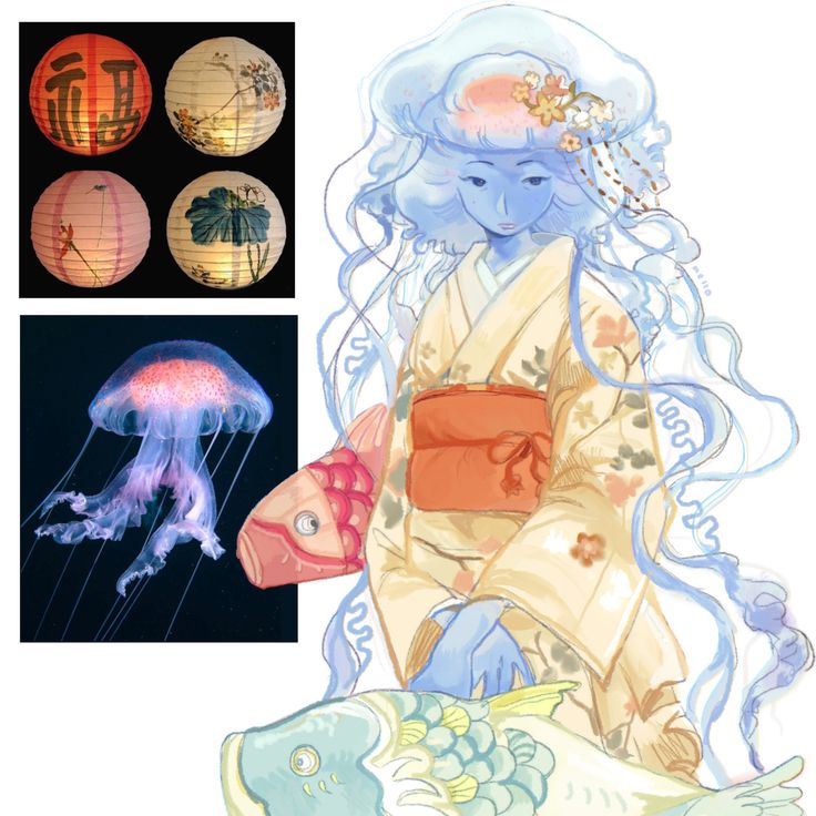 an image of a woman sitting on the ground with jellyfish and other items in front of her