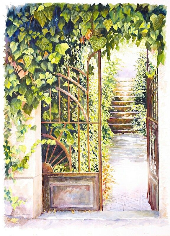 a painting of an open gate with vines growing on the wall and steps leading up to it