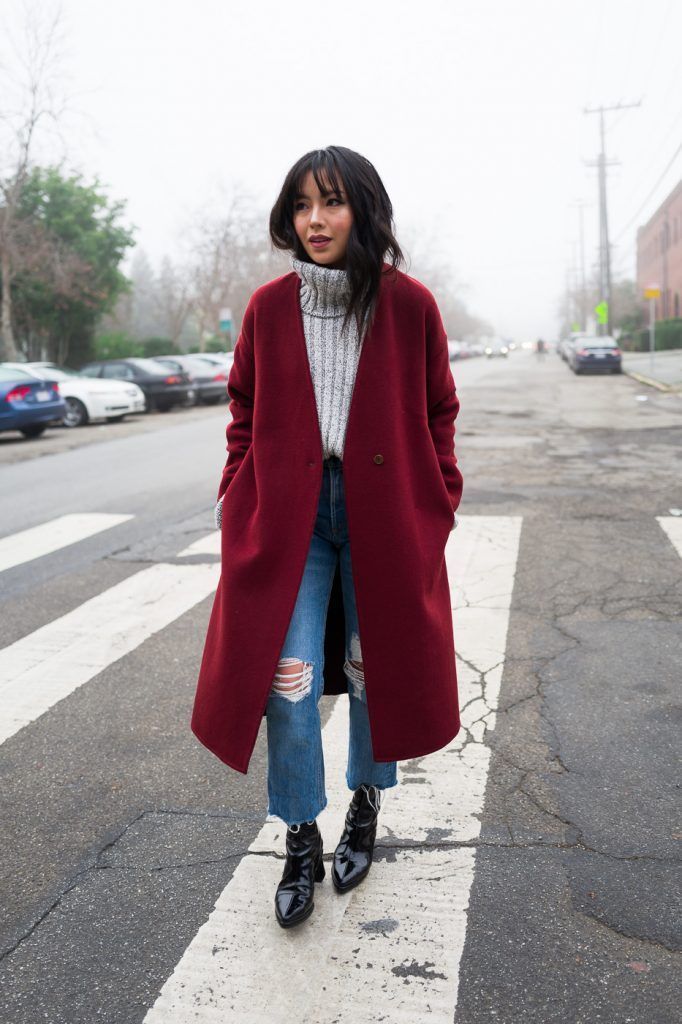 Marled Sweater (The Fancy Pants Report | A San Francisco Style Blog) Red Coat Outfit, Winter Mode Outfits, Grey Turtleneck Sweater, Winter Fashion Outfits Casual, Marled Sweater, Grey Turtleneck, Romantic Outfit, Long Trench, Mode Casual