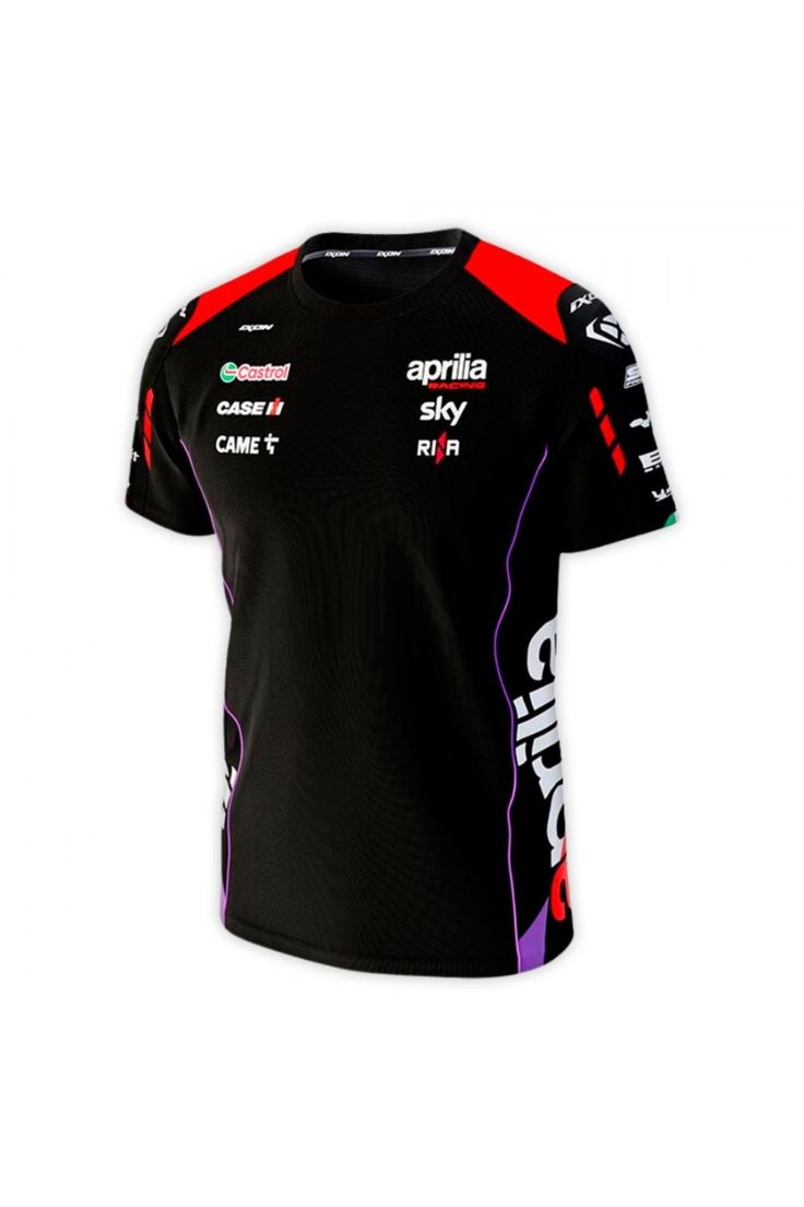 a black shirt with red, purple and blue designs on the chest is shown in front of a white background