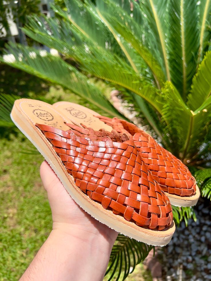 COLOR: BRICKUPPER: LEATHERSOLE: CREPE Handmade huaraches from Michoacán, Mexico. Made with 100% leather. SIZING *Please refer to sizing chart*If you wear a half-size shoe we recommend sizing down (ex: Your shoe size is 7.5, size down to size 7)If you have a wide foot, For example, your shoe size is 7.5 then size up for a more comfortable fit. Leather stretches and will mold after a few uses*Please advise since all of our huaraches are handmade with genuine leather minor wrinkles and markings mig Natural Color Casual Huarache Sandals With Stitched Sole, Natural Huarache Sandals With Stitched Sole, Natural Casual Huarache Sandals With Stitched Sole, Casual Natural Huarache Sandals With Stitched Sole, Casual Adjustable Huarache Sandals With Woven Sole, Adjustable Leather Huarache Sandals With Flat Heel, Spring Brown Woven Leather Huaraches, Brown Woven Leather Open Toe Huaraches, Brown Woven Leather Open-toe Huaraches