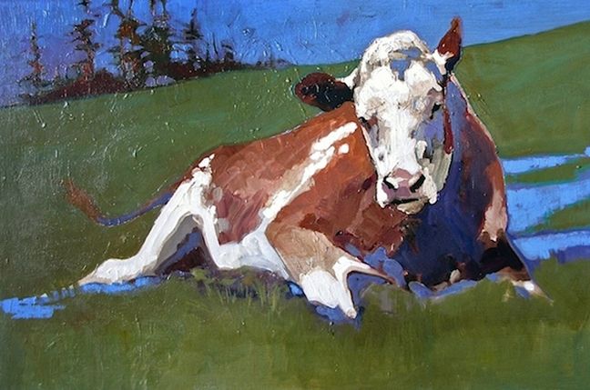 a painting of a cow laying in the grass